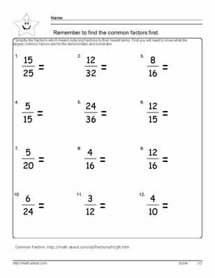 9 Worksheets on Simplifying Fractions for 6th Graders