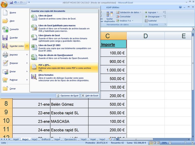 Guardar archivos Excel como PDF y XPS