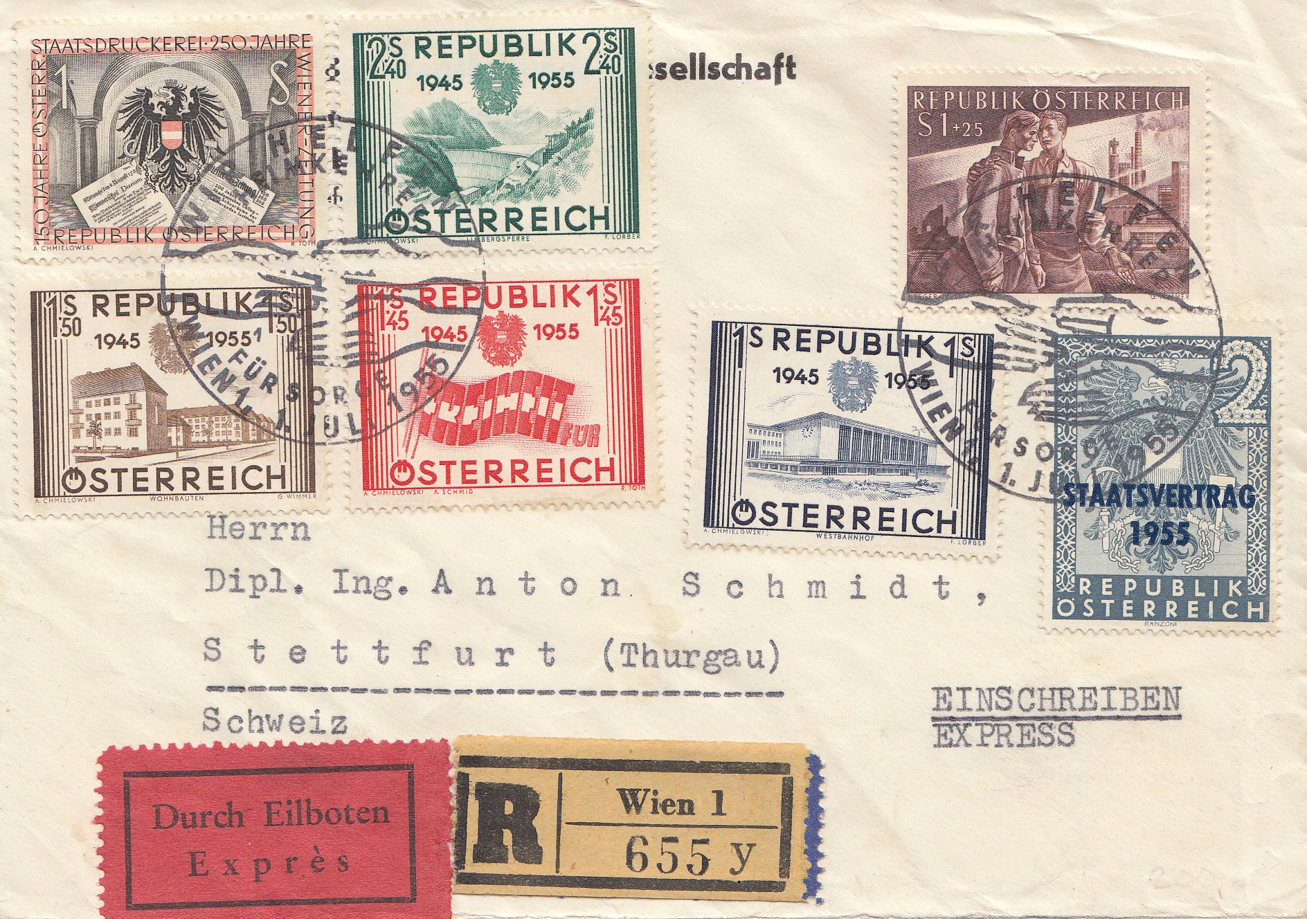 Österreich 1955 Einschreiben/Eilboten Wien nach Stettfurt Heimkehrer