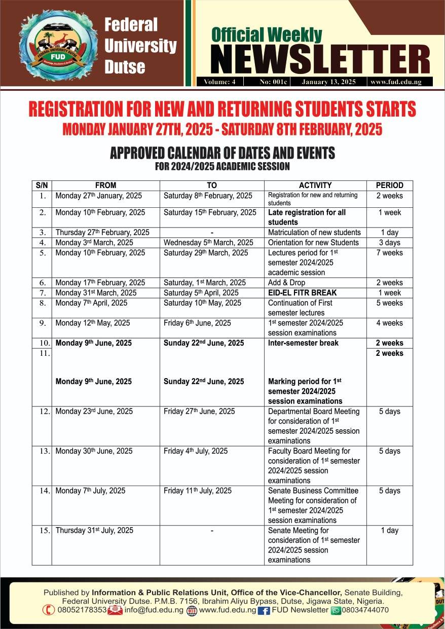 Academic Calendar Federal University Dutse