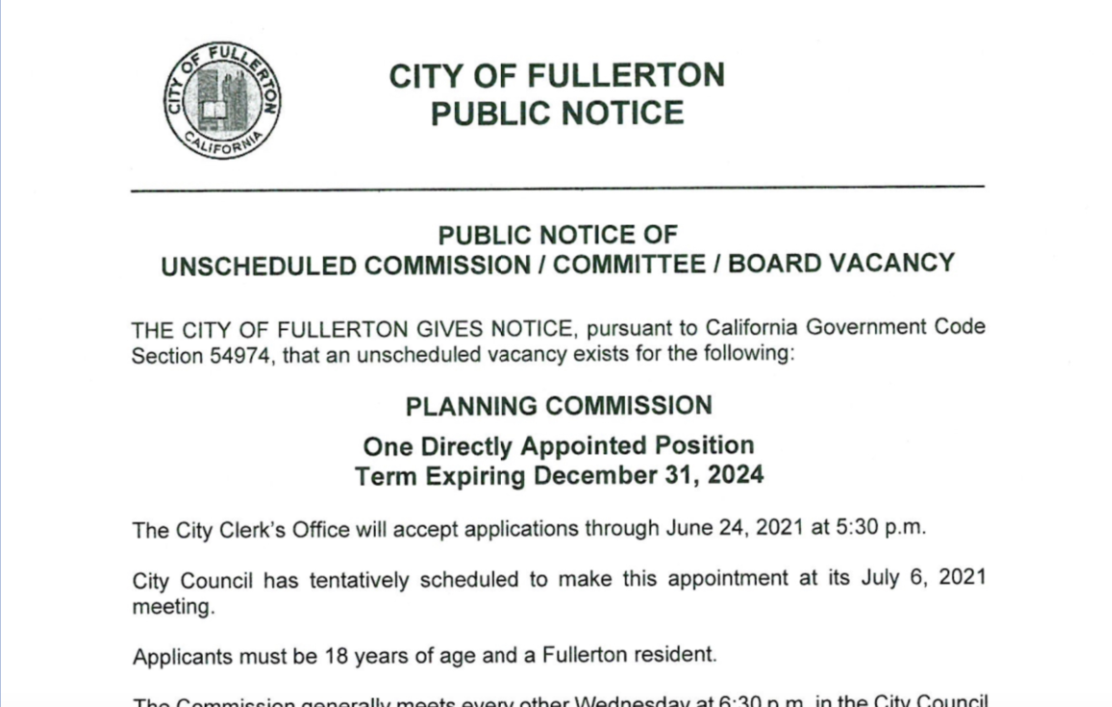 Applications for Planning Commission Vacancy Due June 24 Fullerton Observer