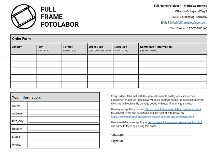 Order Full Frame Fotolabor