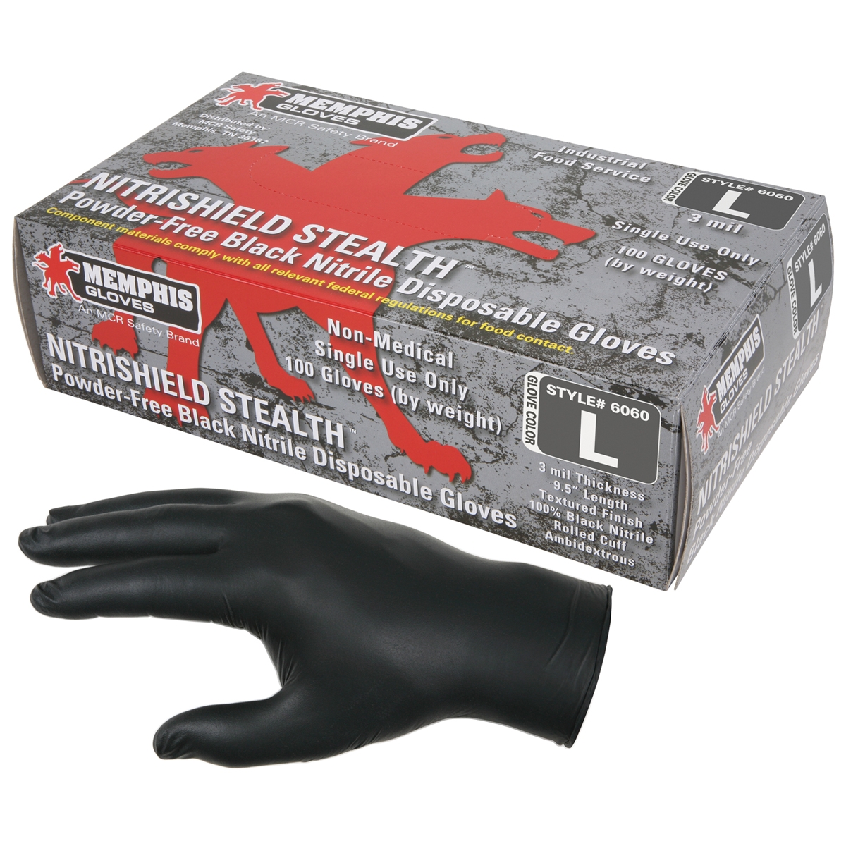 Memphis 6060 Nitrishield Disposable Nitrile Industrial Grade Gloves Powder Free Black 3