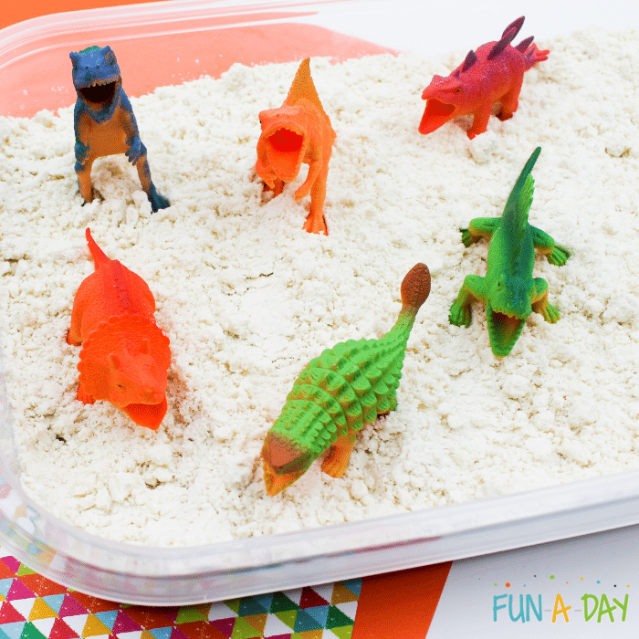 Simple Dinosaur Sensory Bin with Cloud Dough FunADay!