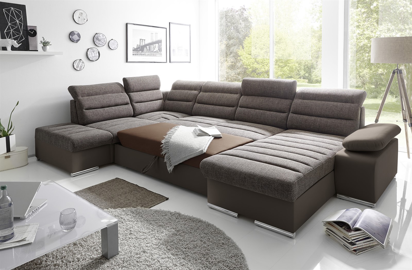 Couchgarnitur PASCARA UForm mit SchlaffunktionBraun /Ottomane Rechts FunMöbel