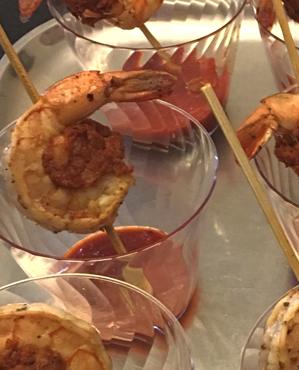 Shrimp and Chorizo Appetizer with Roasted Pepper Soup Shooter 