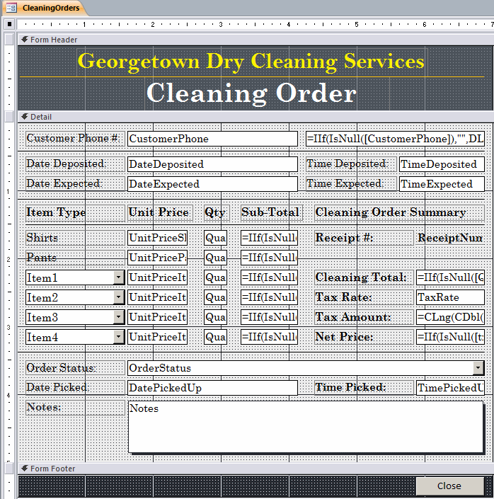 Microsoft Access Example Application Dry Cleaning Services