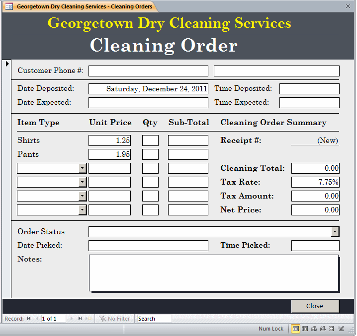Microsoft Access Example Application Dry Cleaning Services