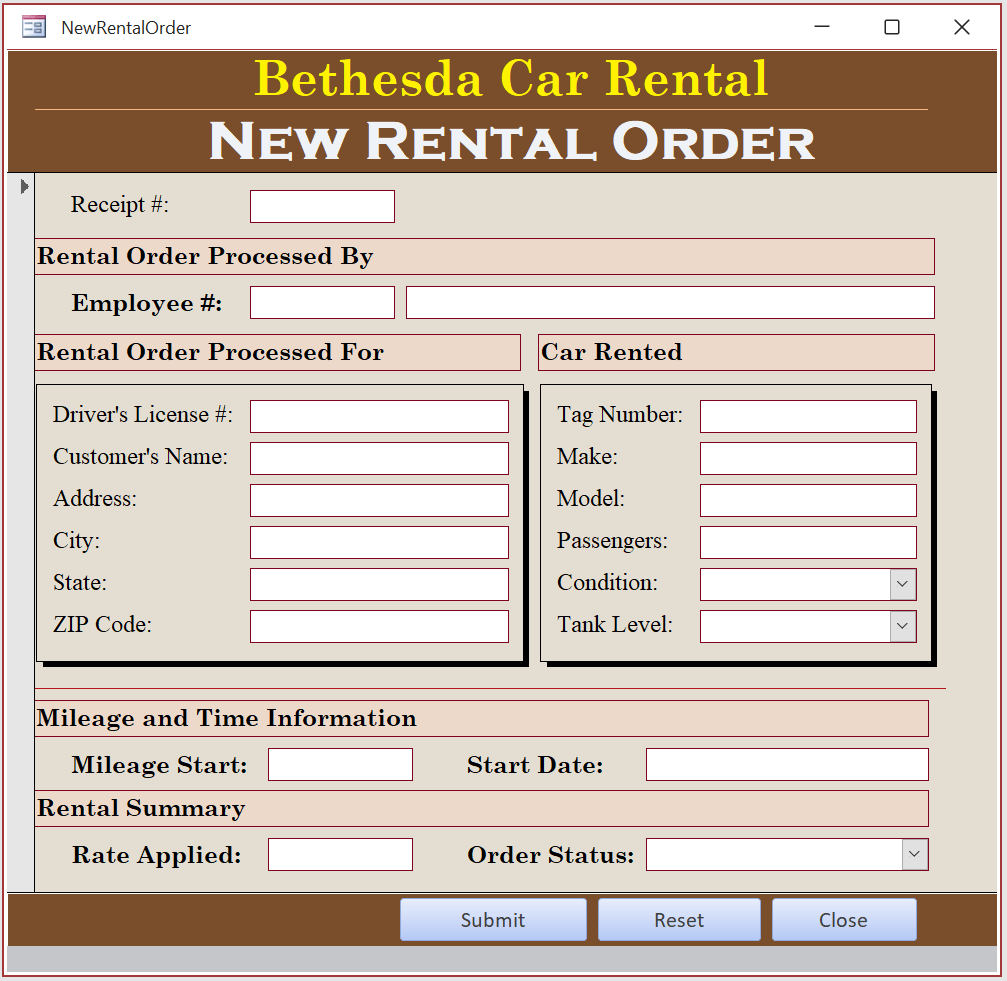 Microsoft Access Sample Database Bethesda Car Rental