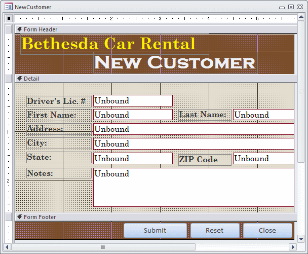 Microsoft Access Example Application Bethesda Car Rental
