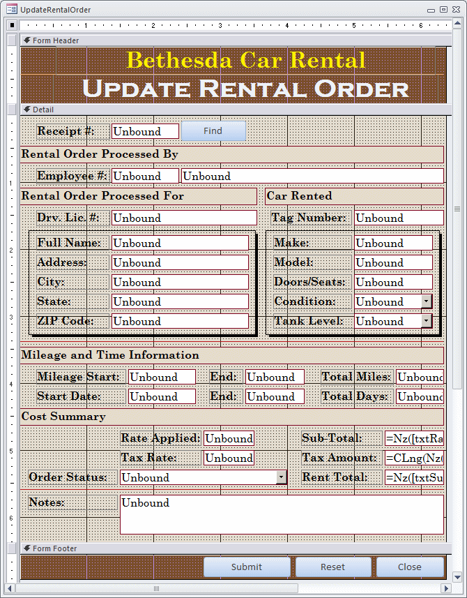 Microsoft Access Example Application Bethesda Car Rental