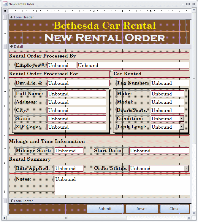 Microsoft Access Example Application Bethesda Car Rental
