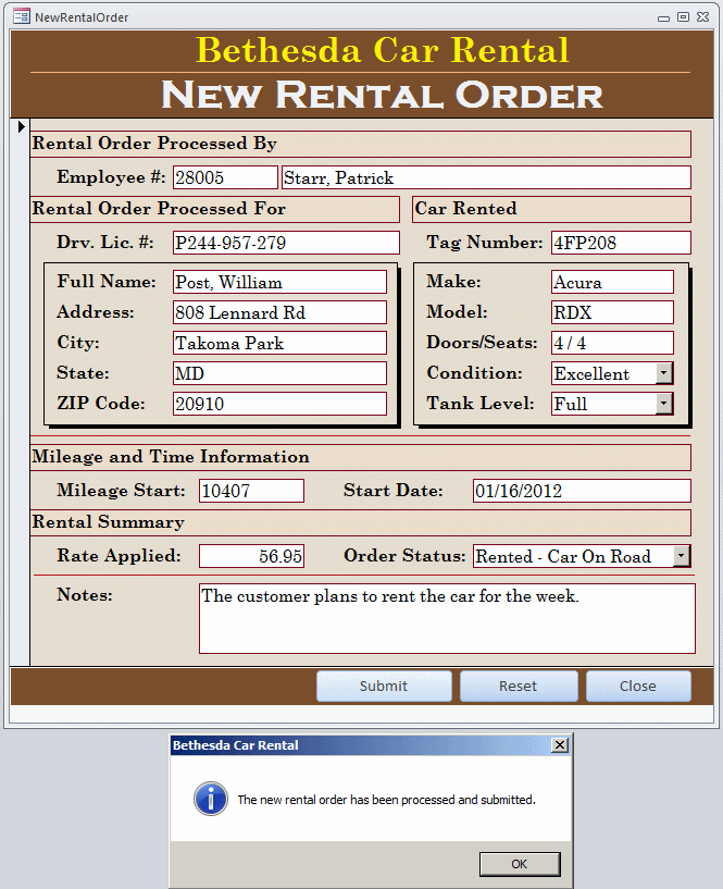 Microsoft Access Example Application Bethesda Car Rental