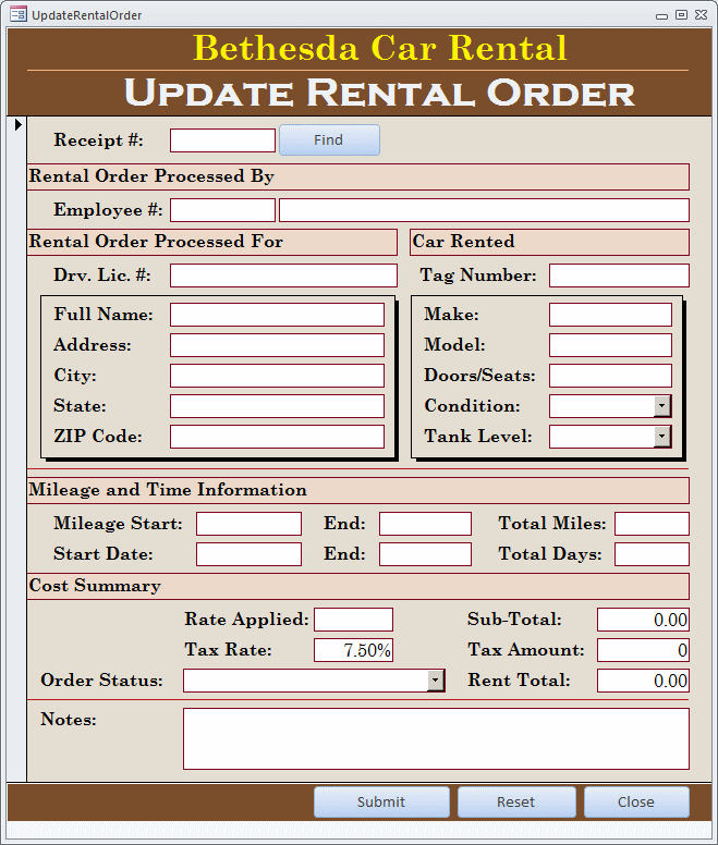 Microsoft Access Example Application Bethesda Car Rental