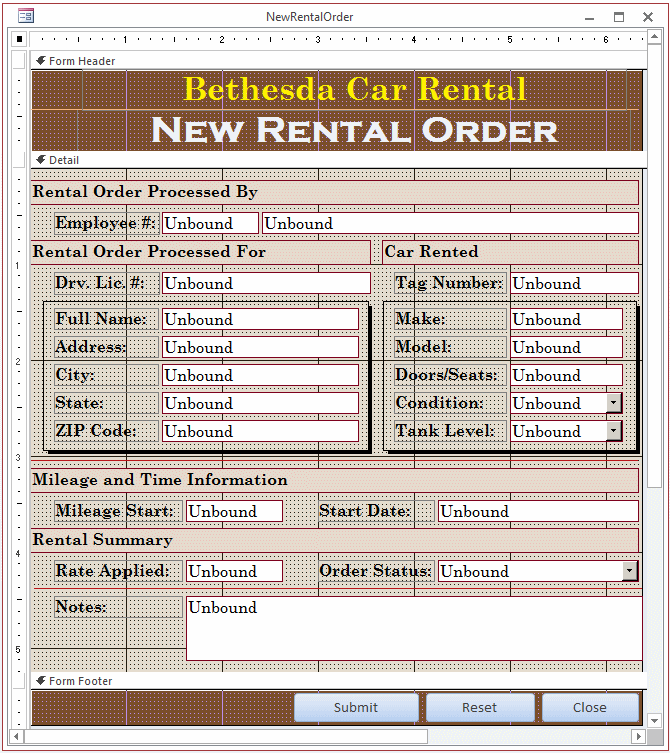 Microsoft Access Example Application Bethesda Car Rental