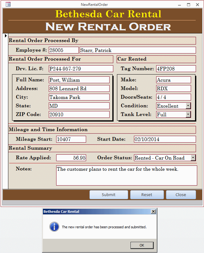 Microsoft Access Example Application Bethesda Car Rental