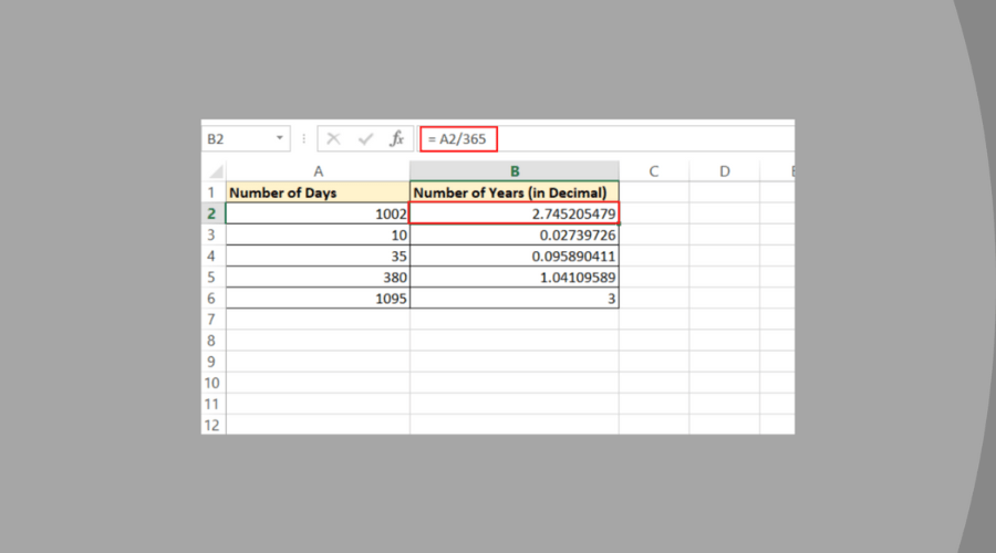 Converting Days to Years in Excel Using Simple Formulas
