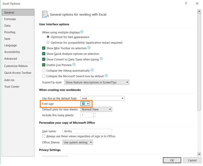 Set the Default Font in Excel
