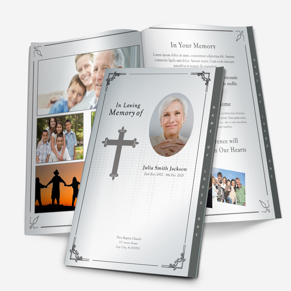 Traditional funeral program with Cross for Microsoft Word.