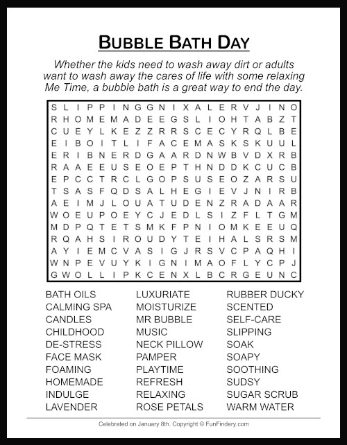 Bubble Bath Word Search • Fun Findery