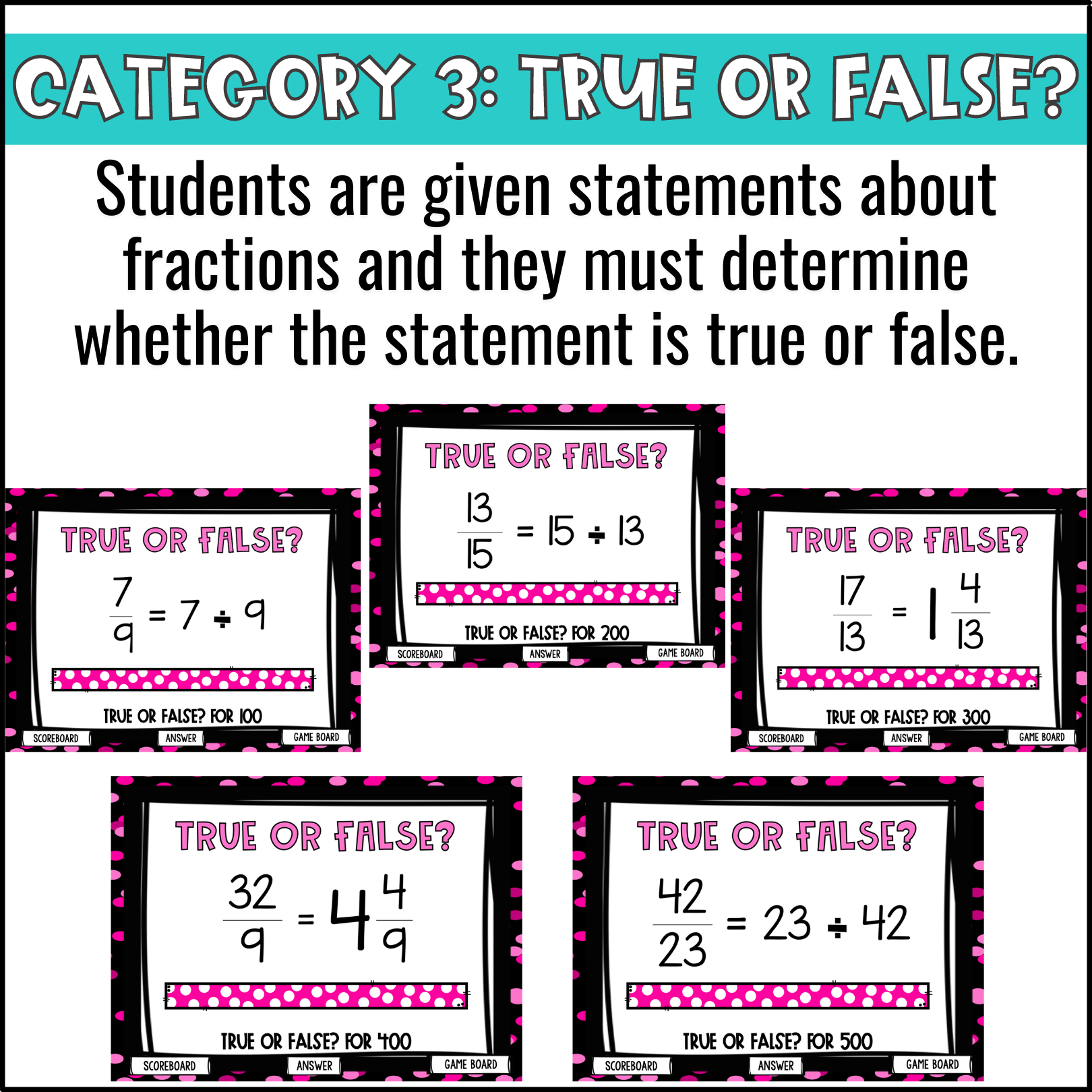 Fractions as Division Game Show 5th Grade Test Prep Math Review Game