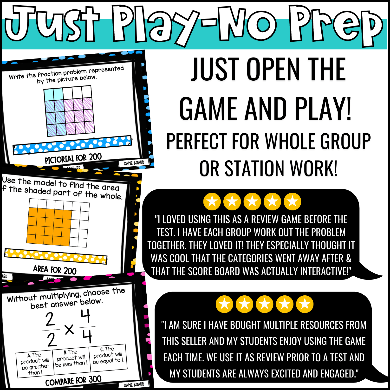 Multiplying Fractions Game Show 5th Grade Math Test Prep Review 5.NF.4/