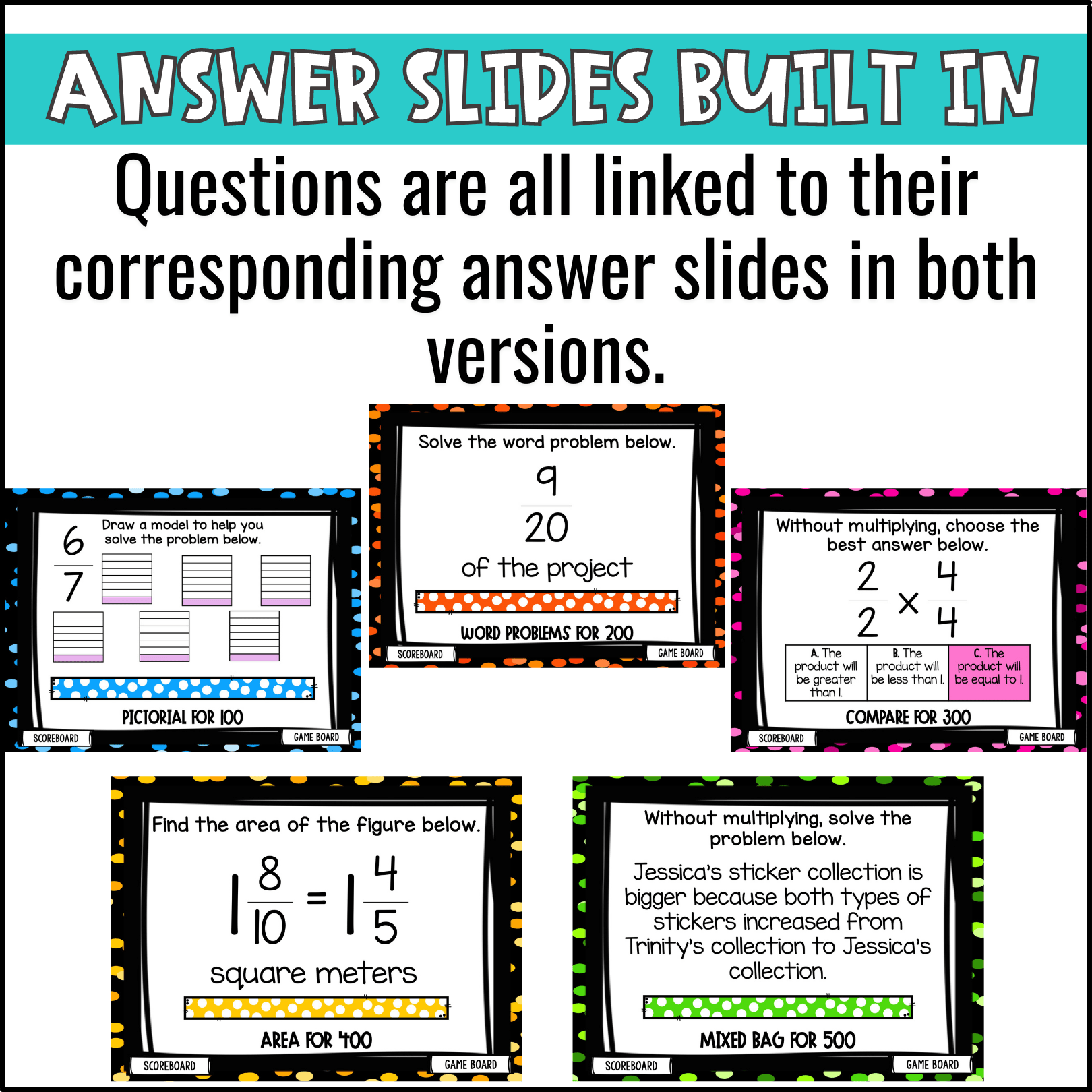 Multiplying Fractions Game Show 5th Grade Math Test Prep Review 5.NF.4/