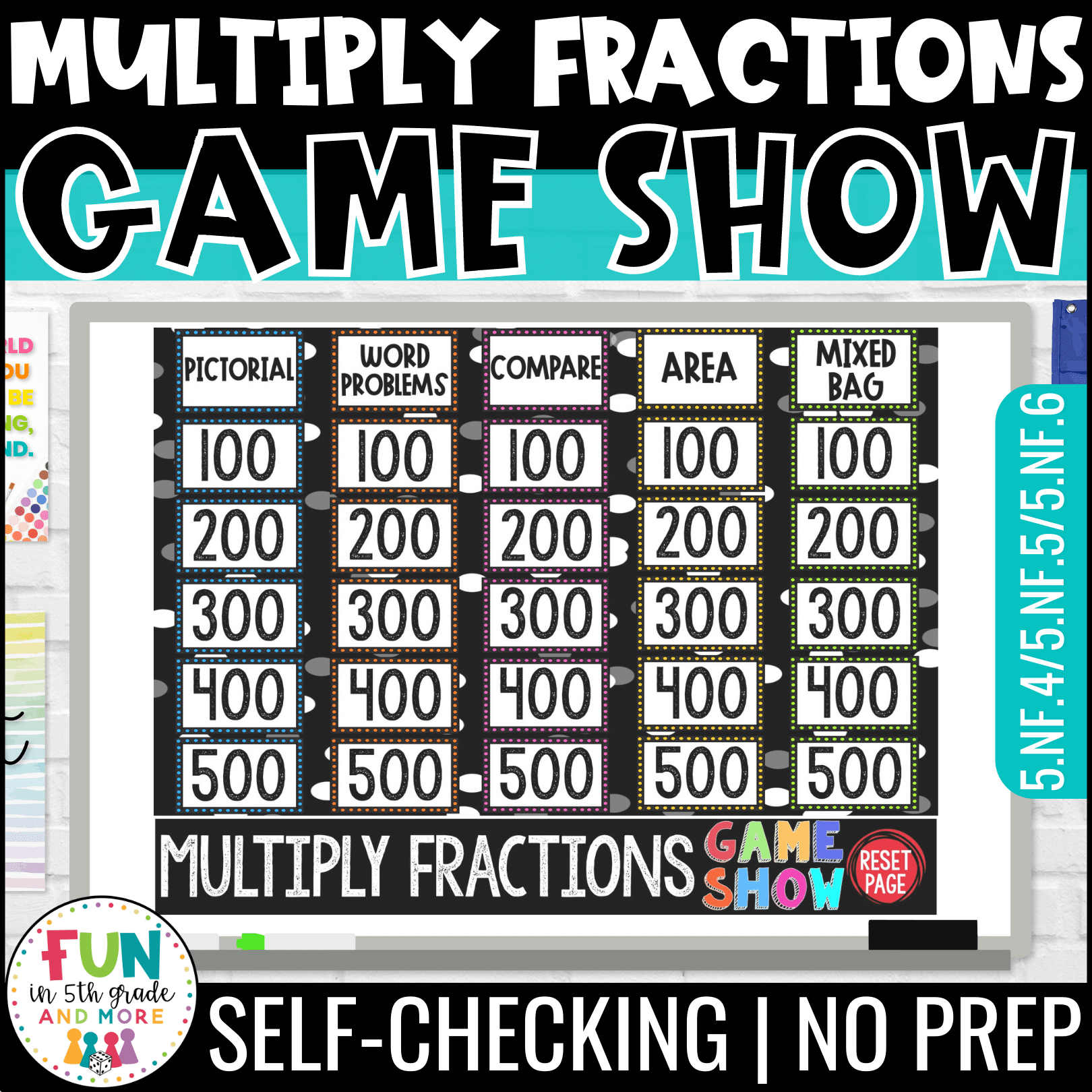 Multiplying Fractions Game Show 5th Grade Math Test Prep Review 5.NF.4/