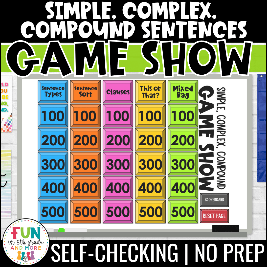 Simple, Complex, and Compound Sentences Game Show Grammar Test Prep