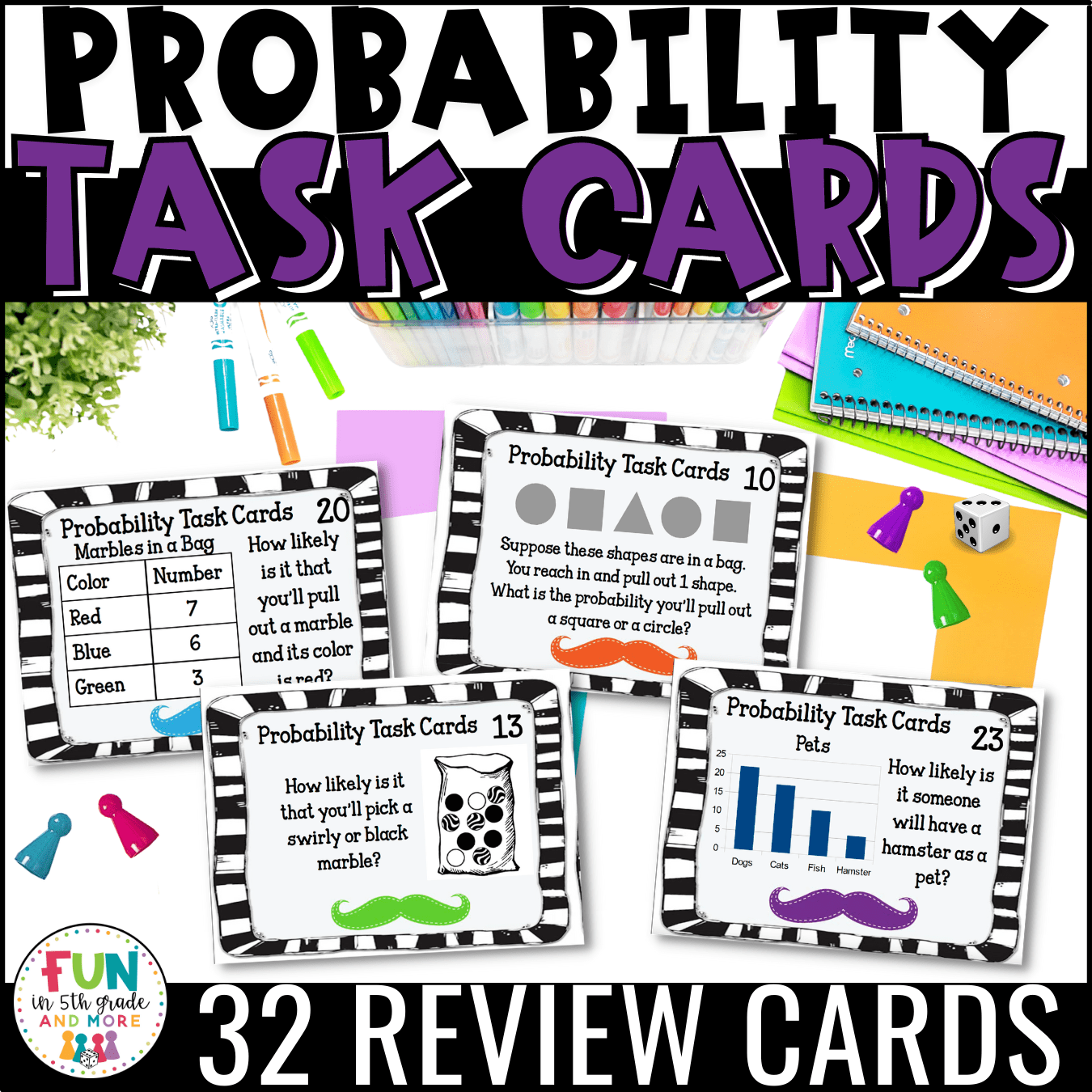 Probability Task Cards Math Review Fun in 5th Grade & MORE