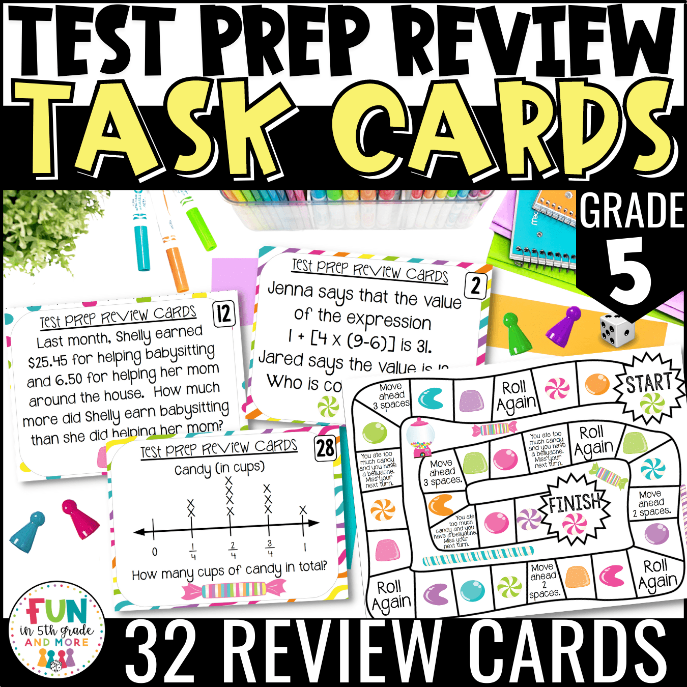 Math Test Prep Review Task Cards & Game Fun in 5th Grade & MORE