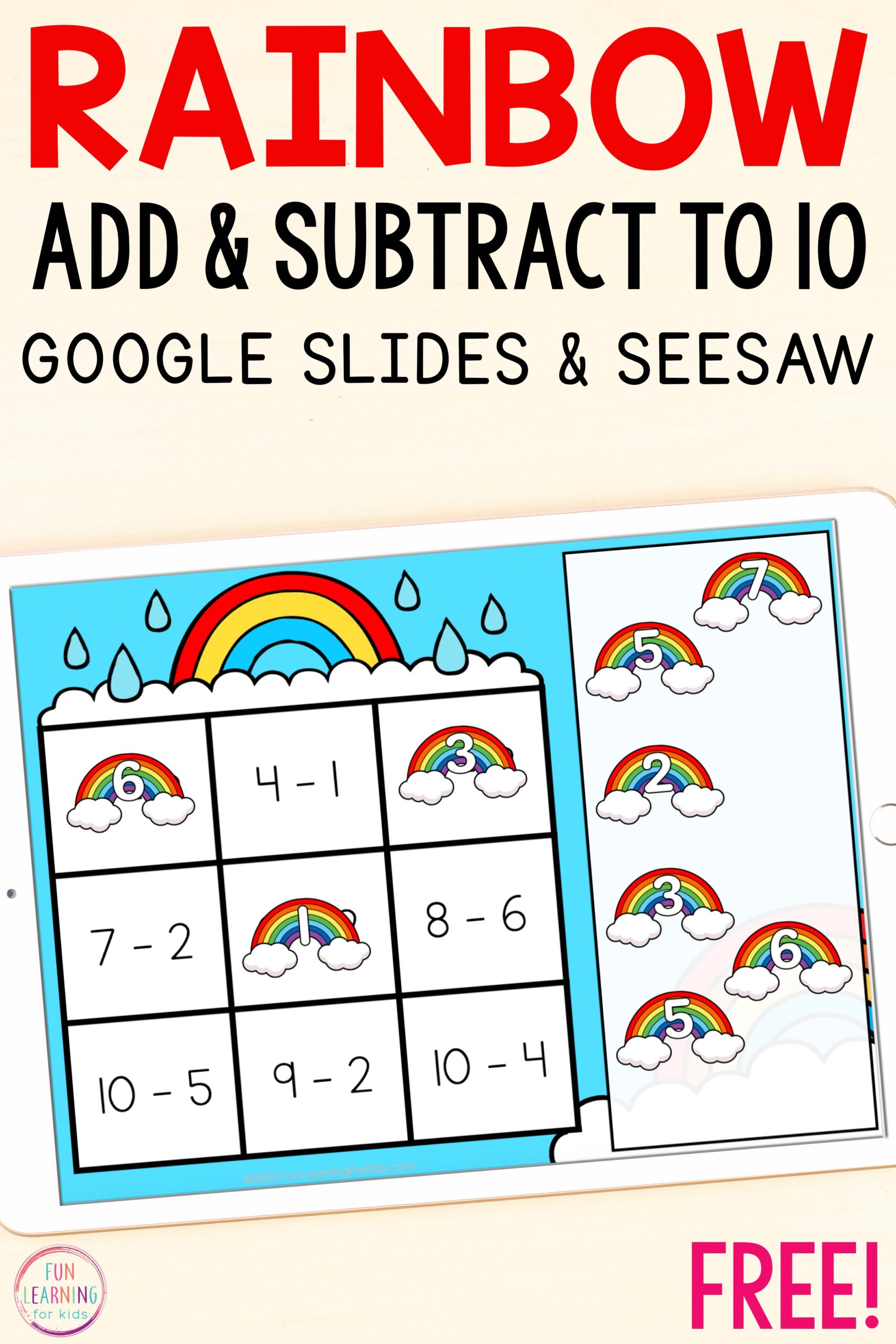 Digital Rainbow Addition and Subtraction Mats for Kindergarten