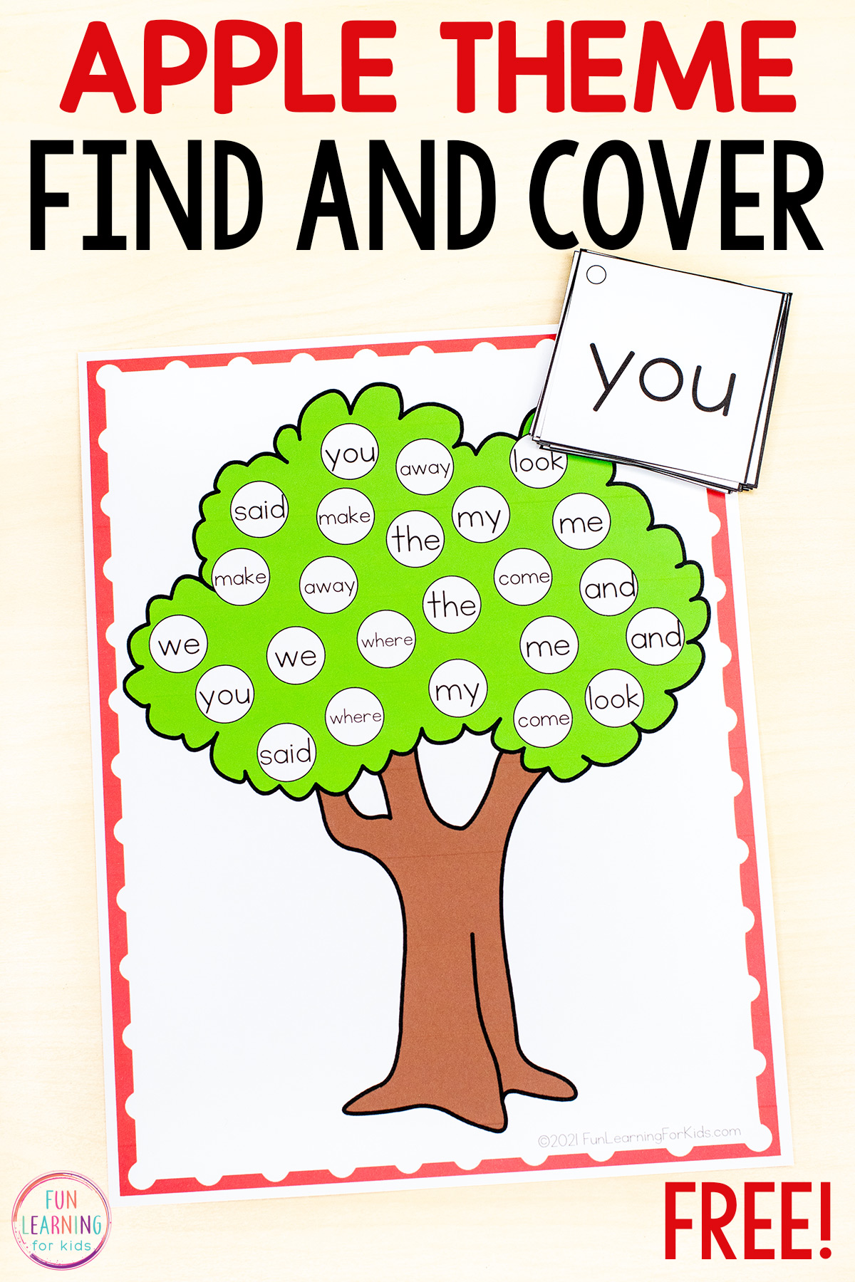 Apple Tree Sight Word Find and Cover Printable for Kindergarten