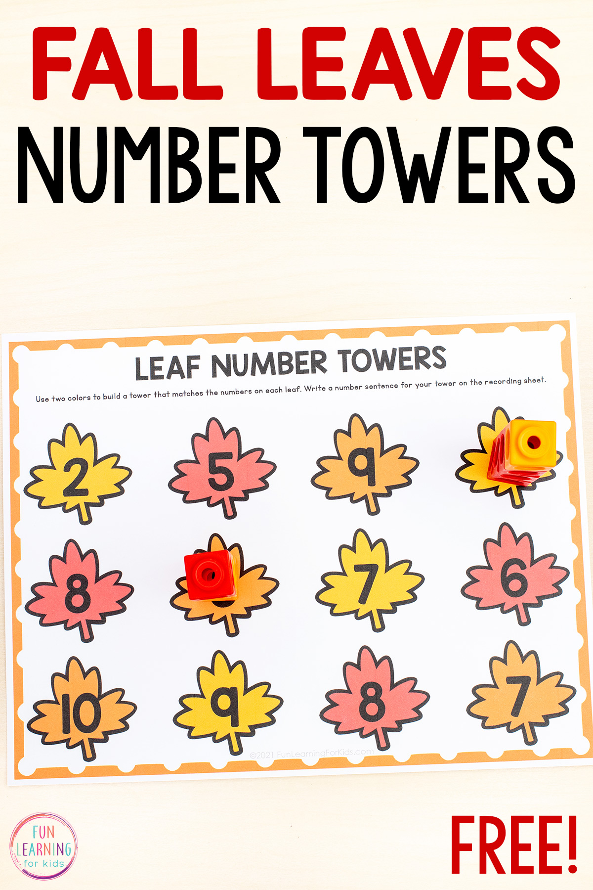 Fall Leaf Number Towers Free Printable Math Activity
