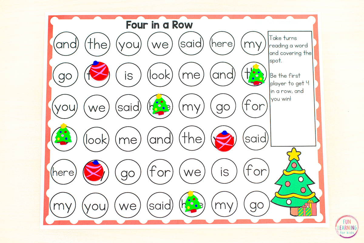 Editable Christmas Tree Four in a Row Literacy Printable