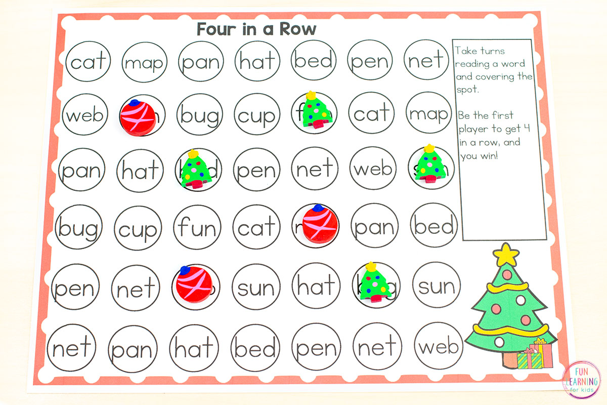 Editable Christmas Tree Four in a Row Literacy Printable