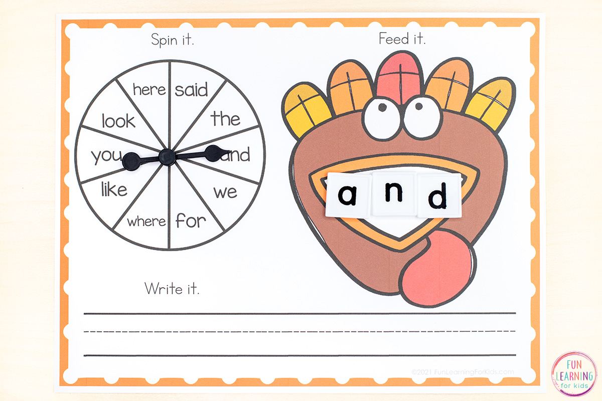 Editable Turkey Spin and Build Word Work Printable Mats