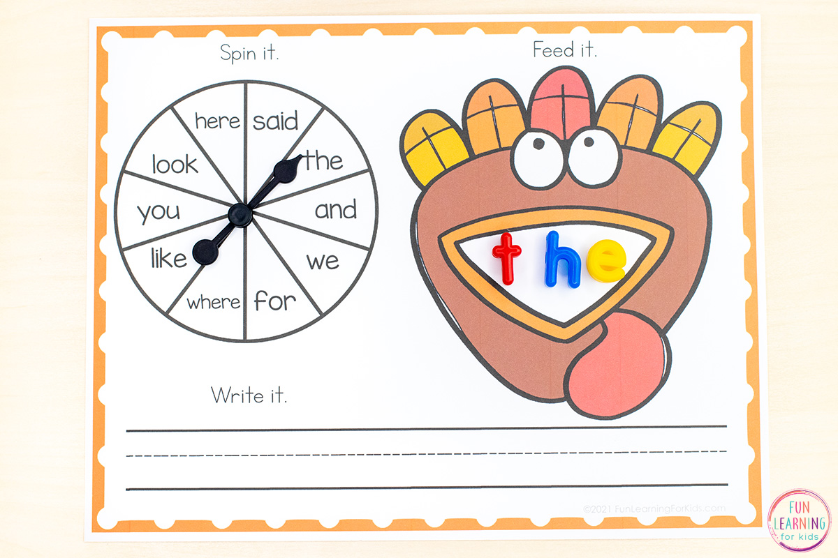 Editable Turkey Spin and Build Word Work Printable Mats