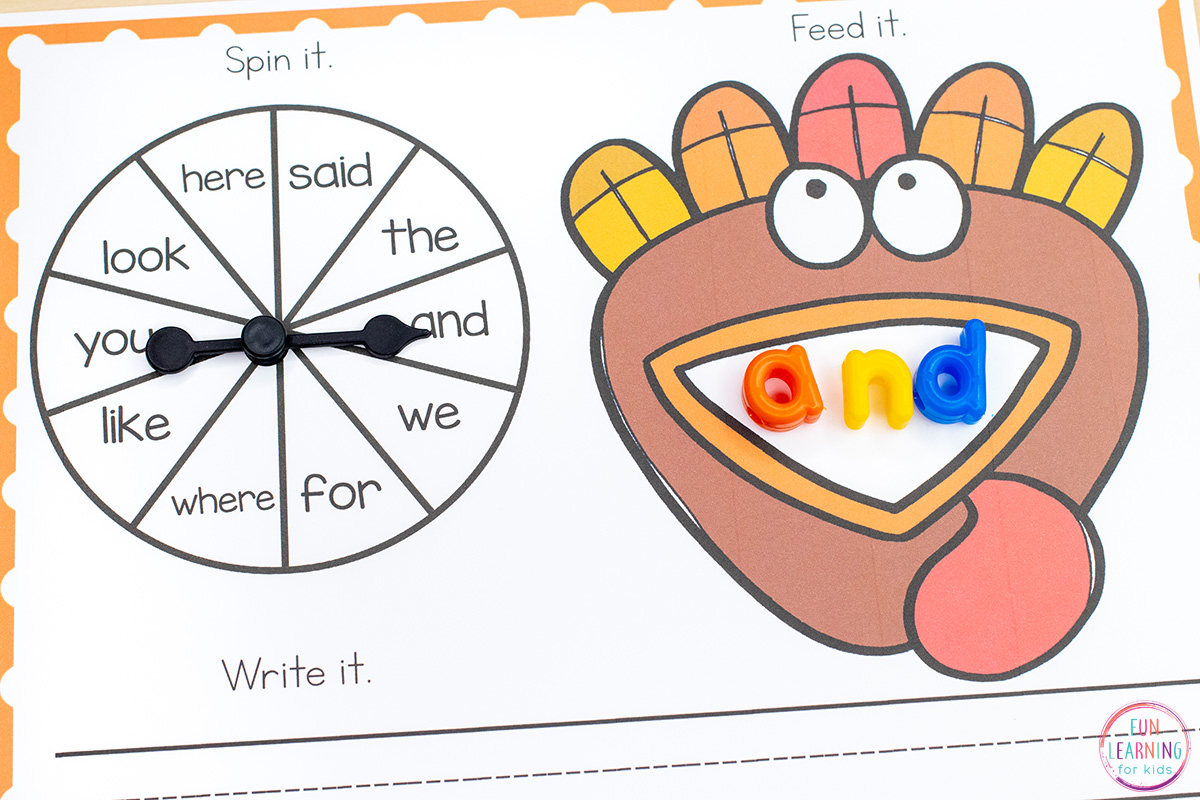 Editable Turkey Spin and Build Word Work Printable Mats