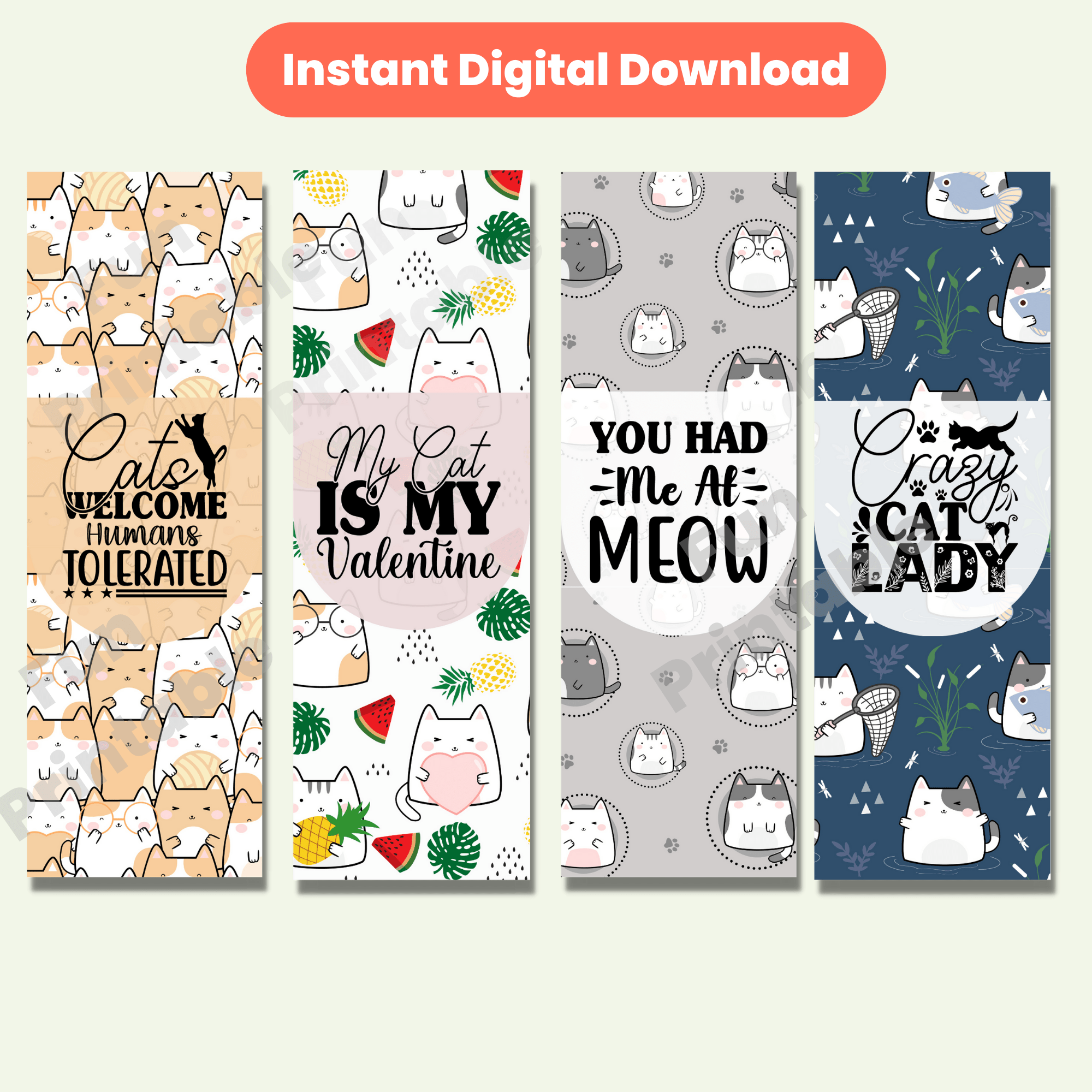 Set of 12 Cute Printable Cat Bookmarks with Funny Cat Quotes, Great for