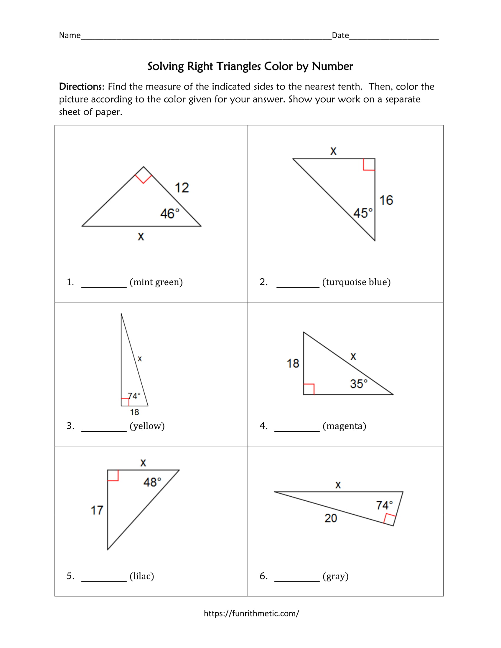 Solving Right Triangles Color by Number Funrithmetic