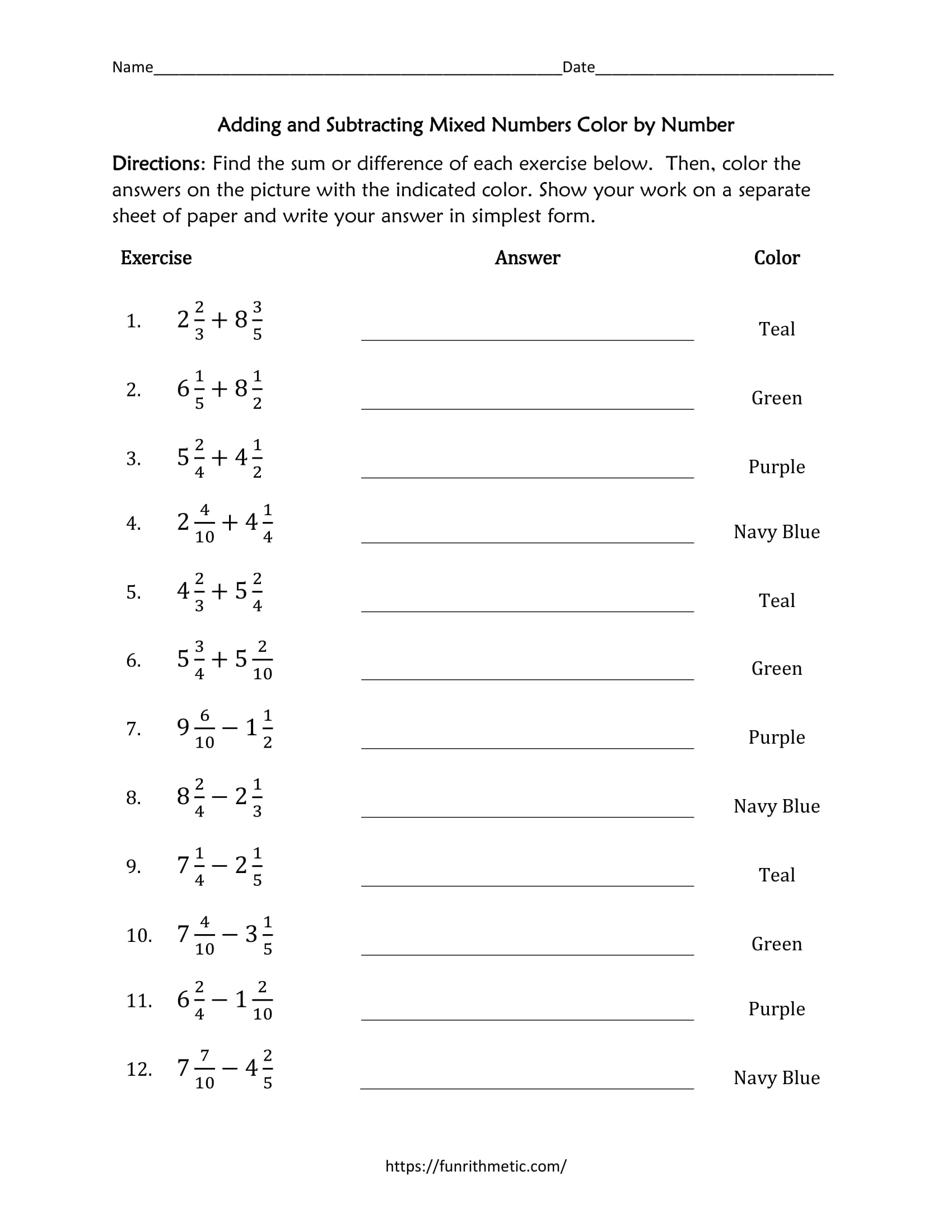 Adding and Subtracting Mixed Numbers Color by Number Funrithmetic