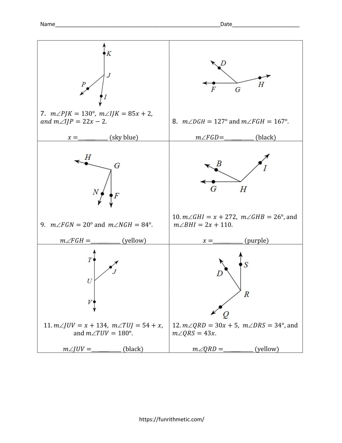 Angle Addition Postulate Color by Number Funrithmetic