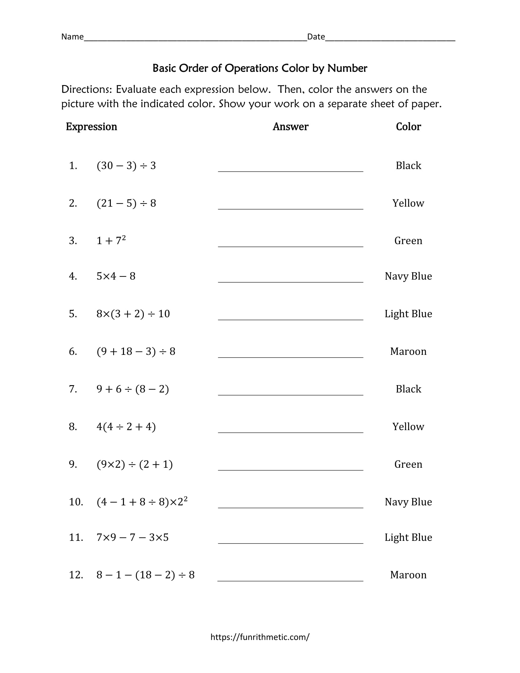 Basic Order of Operations Color by Number Funrithmetic
