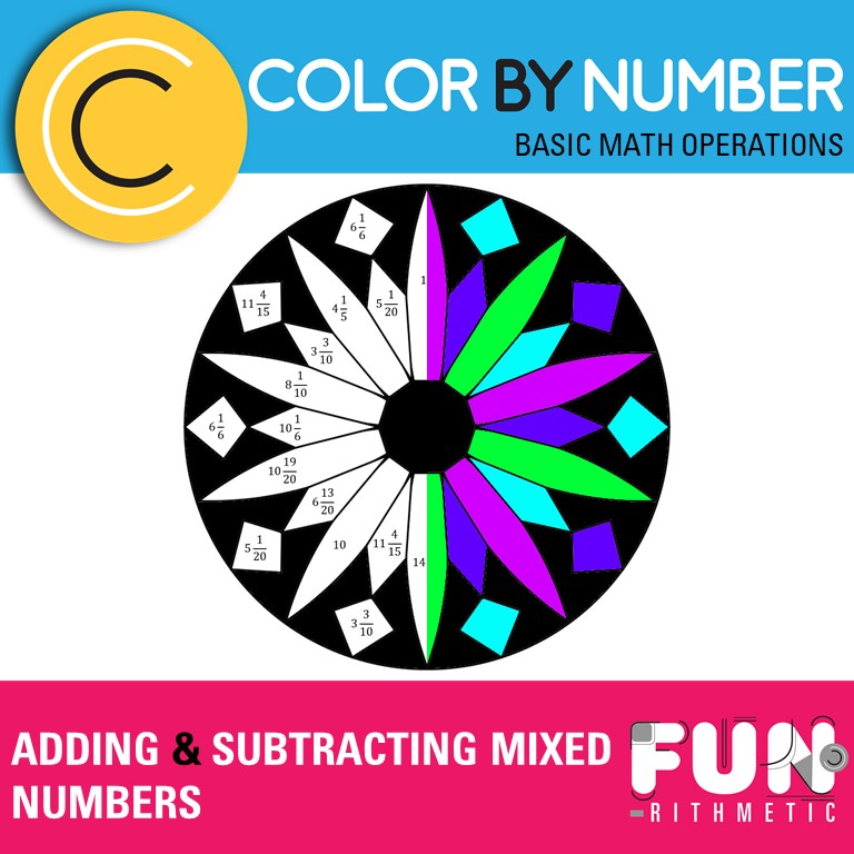 Adding and Subtracting Mixed Numbers Color by Number Funrithmetic