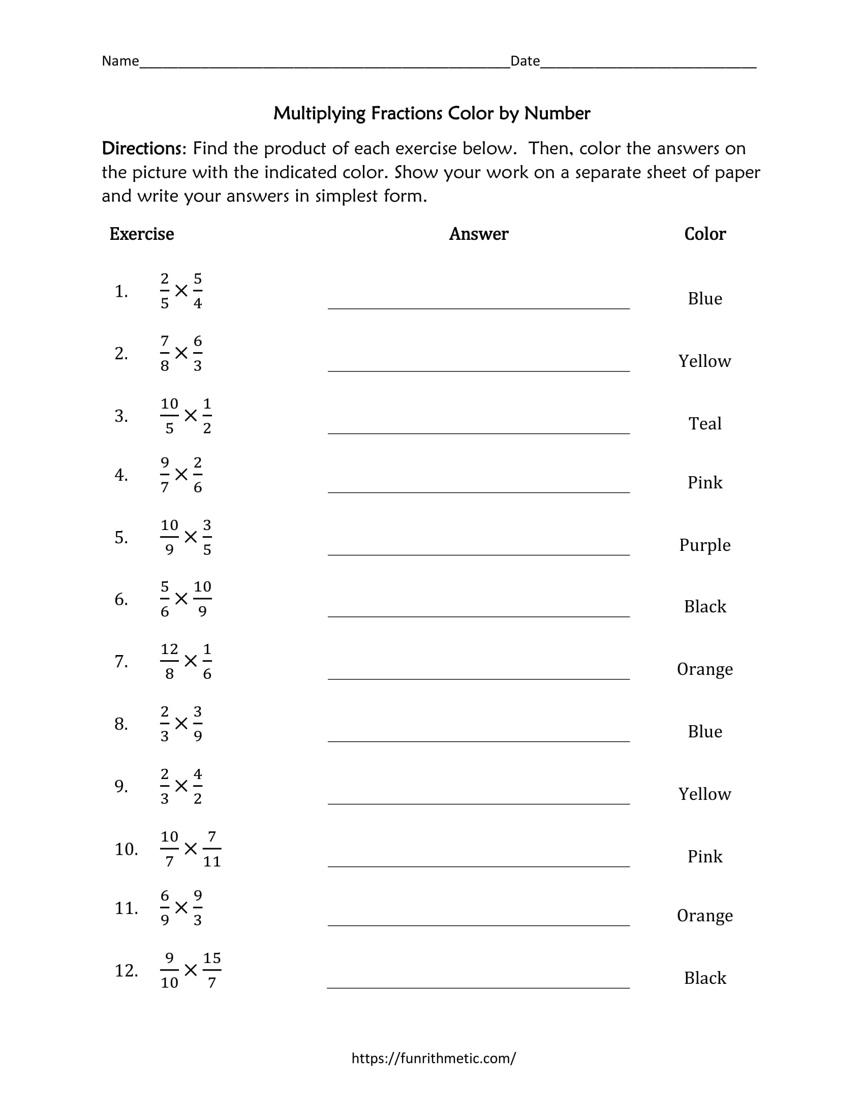 Multiplying Fractions Color by Number | Funrithmetic