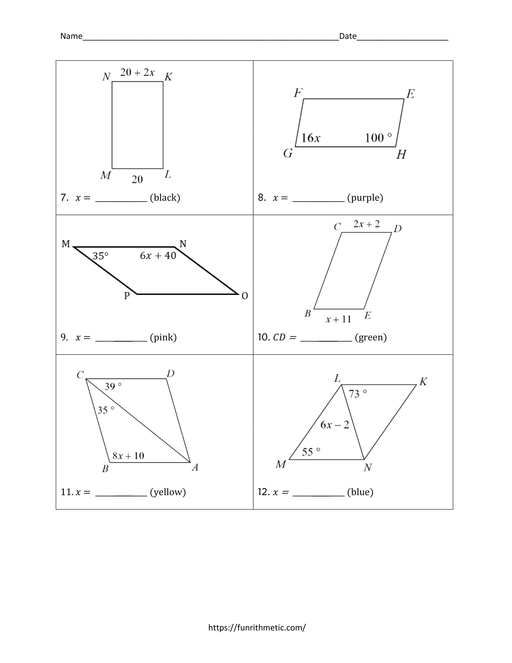 Properties of Parallelograms Color by Number | Funrithmetic