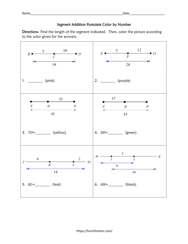 Segment Addition Postulate Color by Number Funrithmetic