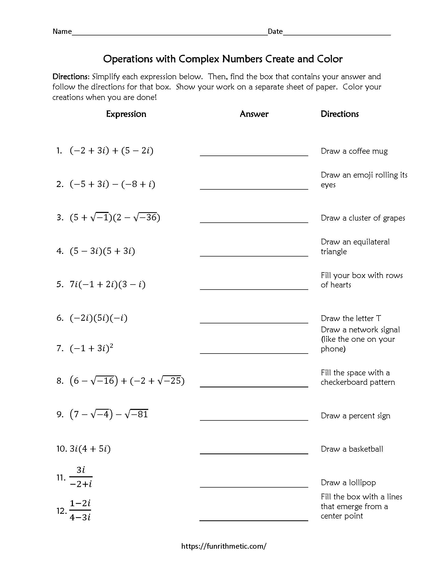 Operations with Complex Numbers Create and Color | Funrithmetic