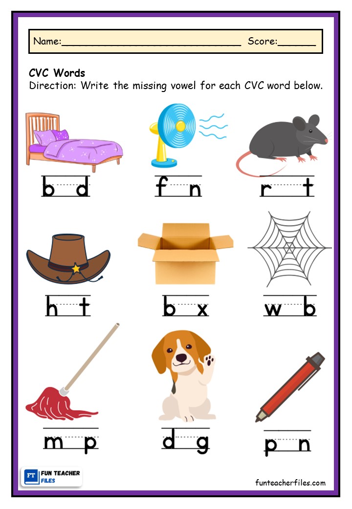 CVC Worksheets - Missing Vowel - Fun Teacher Files